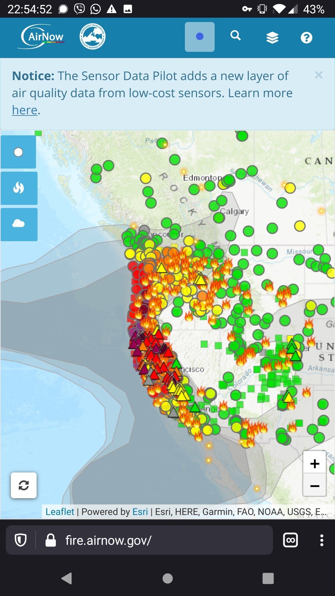 picture from Airnow.gov on 9/10/2020 showing the entire state of California covered in smoke and unhealthy air quality markers